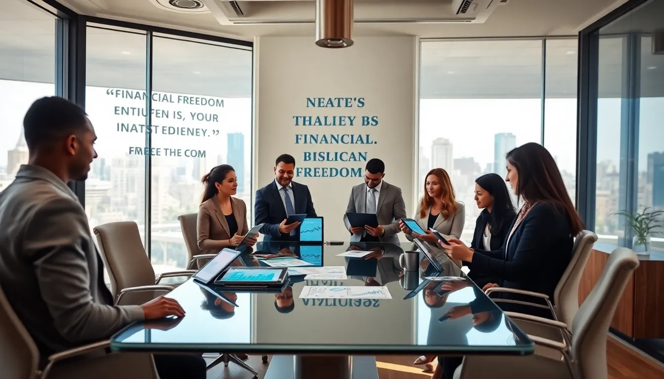 diverse team discussing financial freedom in a modern office.