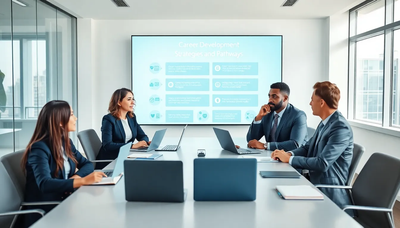 diverse professionals discussing career development strategies in a modern office.