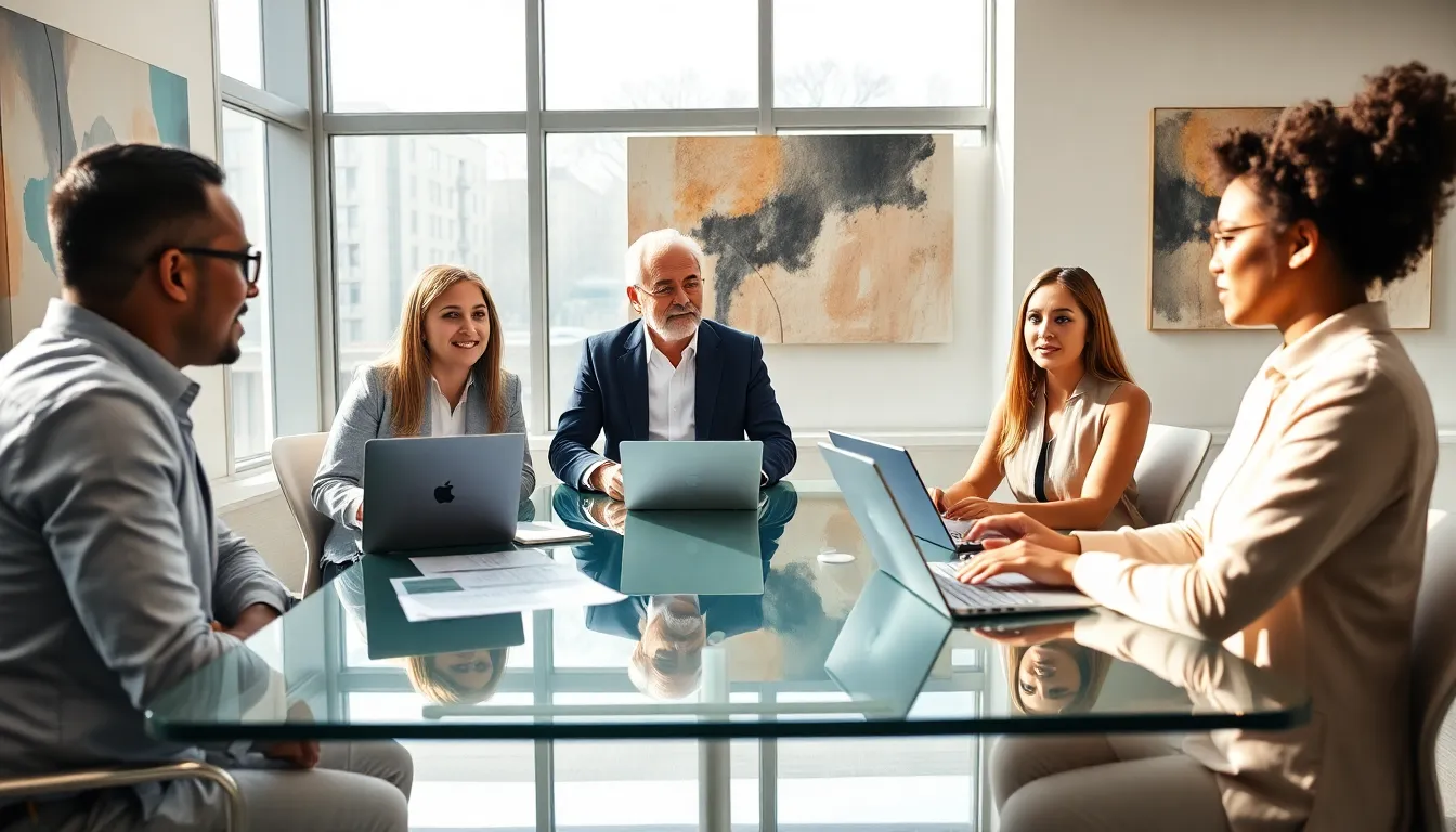 diverse professionals discussing financial strategies in a modern office.