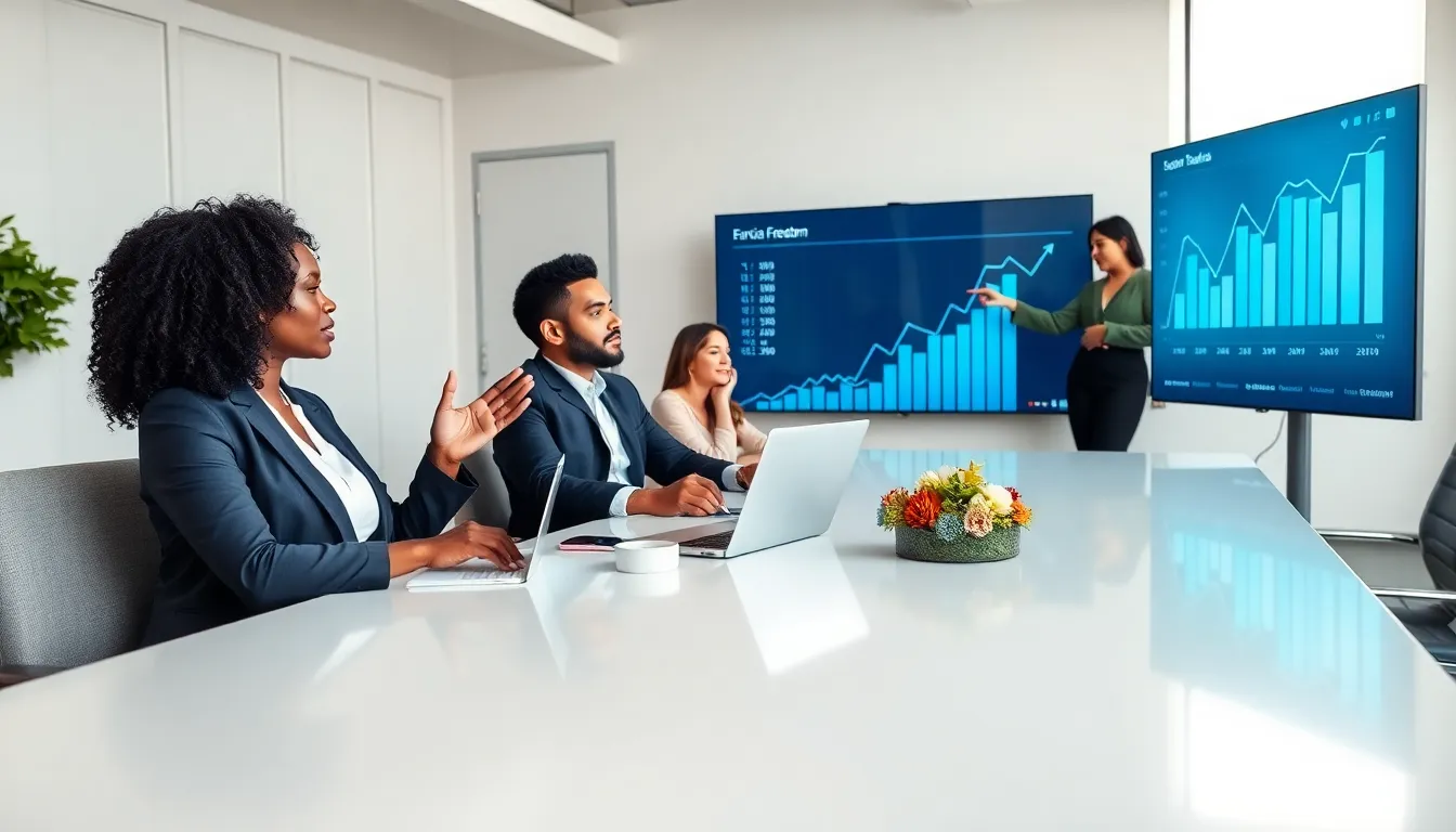 diverse team discussing strategies for achieving financial freedom in a modern office.