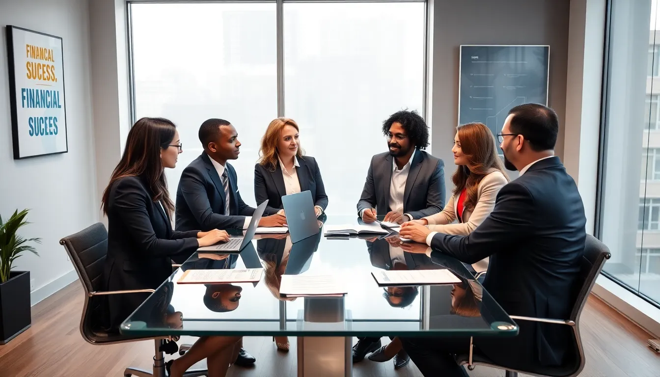 diverse financial advisors consulting clients in a modern office.