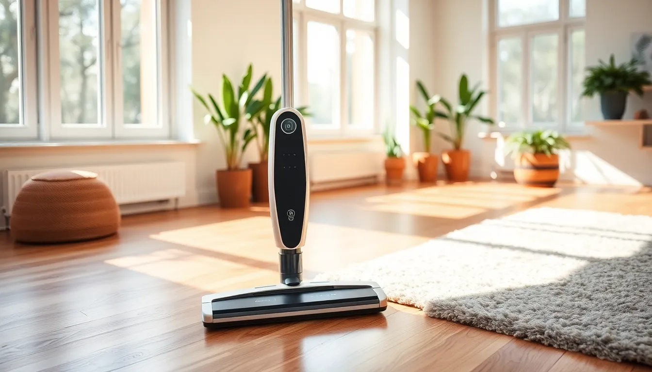 a modern steam mop on hardwood floor in a stylish living room.
