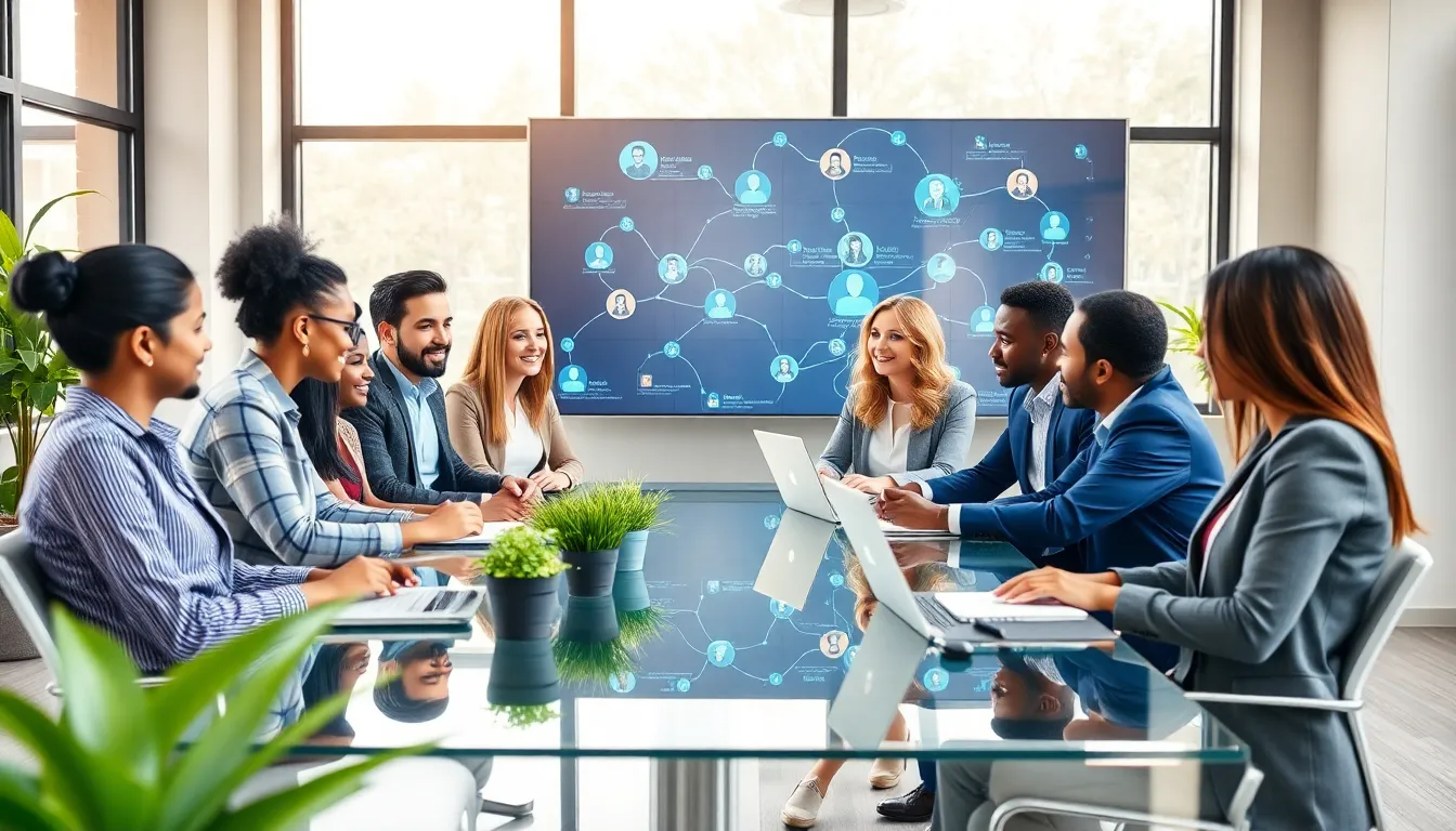 diverse professionals collaborating in a bright, modern workspace.