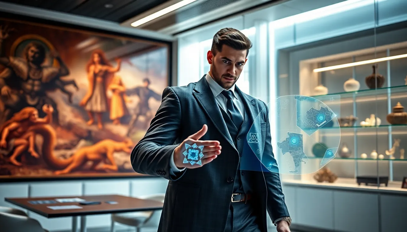 daemonhunter in a modern office, engaging with holographic technology.