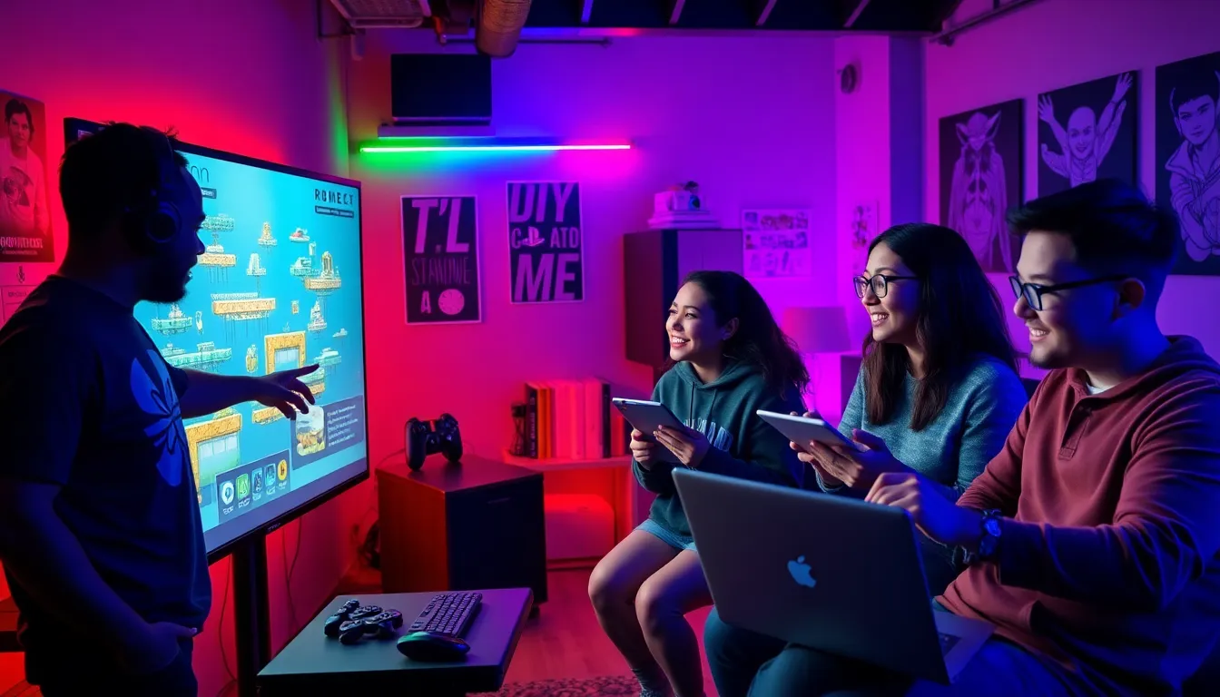 four diverse gamers designing levels in a vibrant gaming studio.