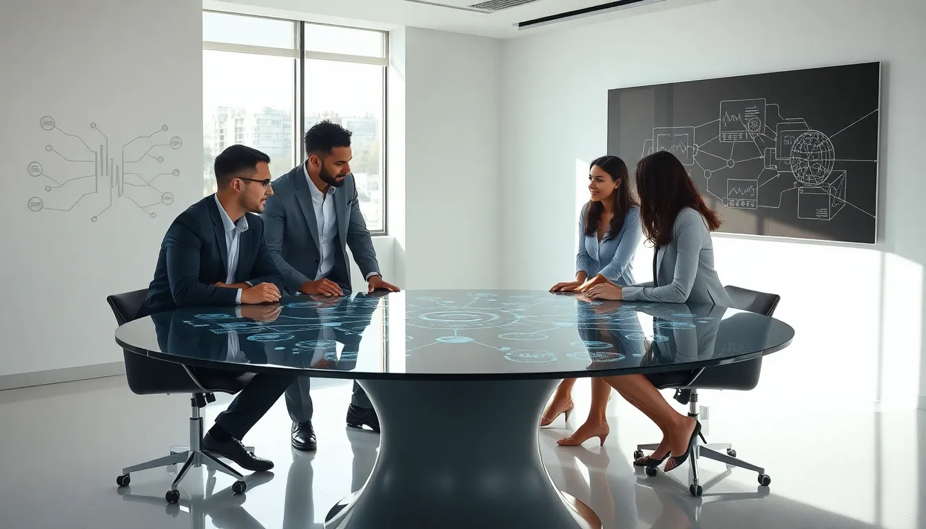 diverse professionals collaborating around a digital dashboard in a modern office.