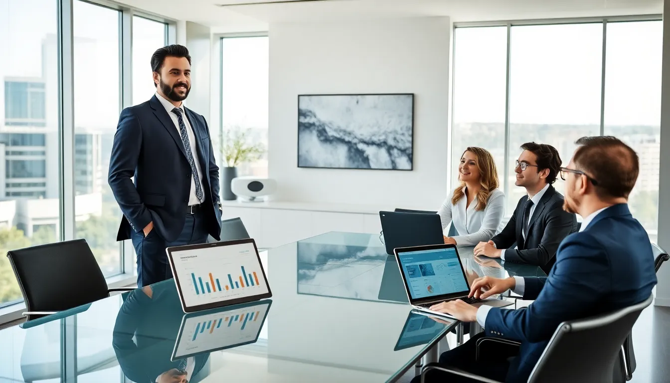 Vryntharion Krylos leading a diverse team in a modern office.