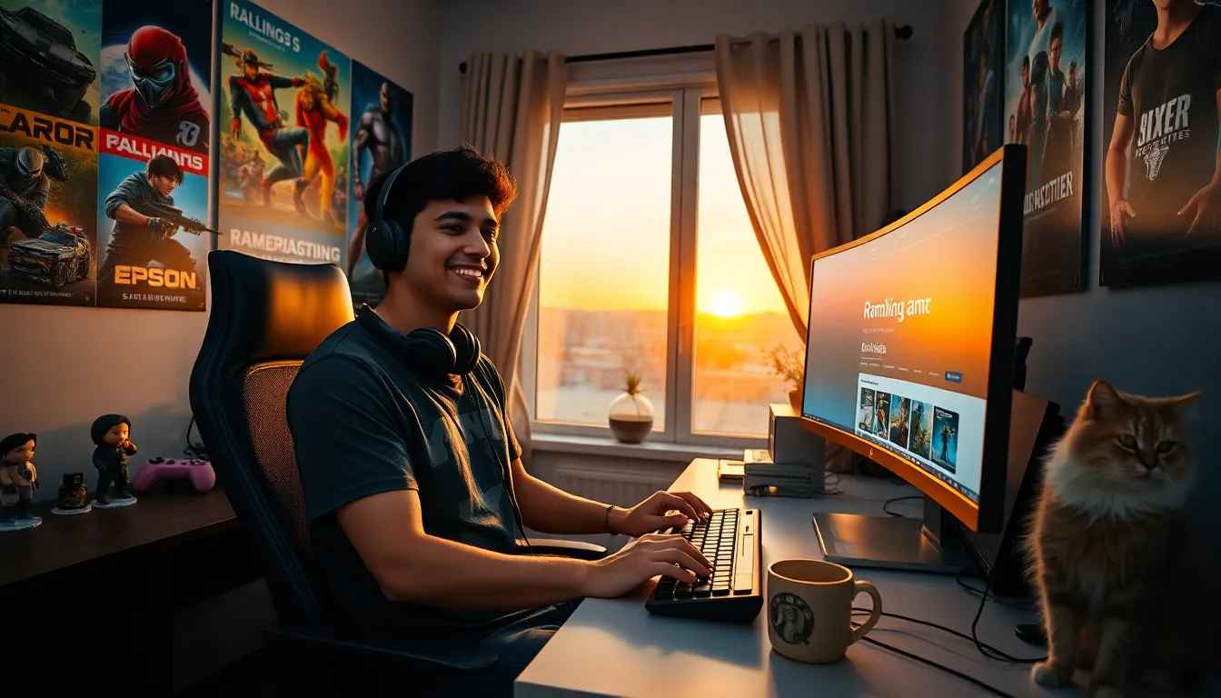 a gamer engaging with a website in a cozy gaming room.
