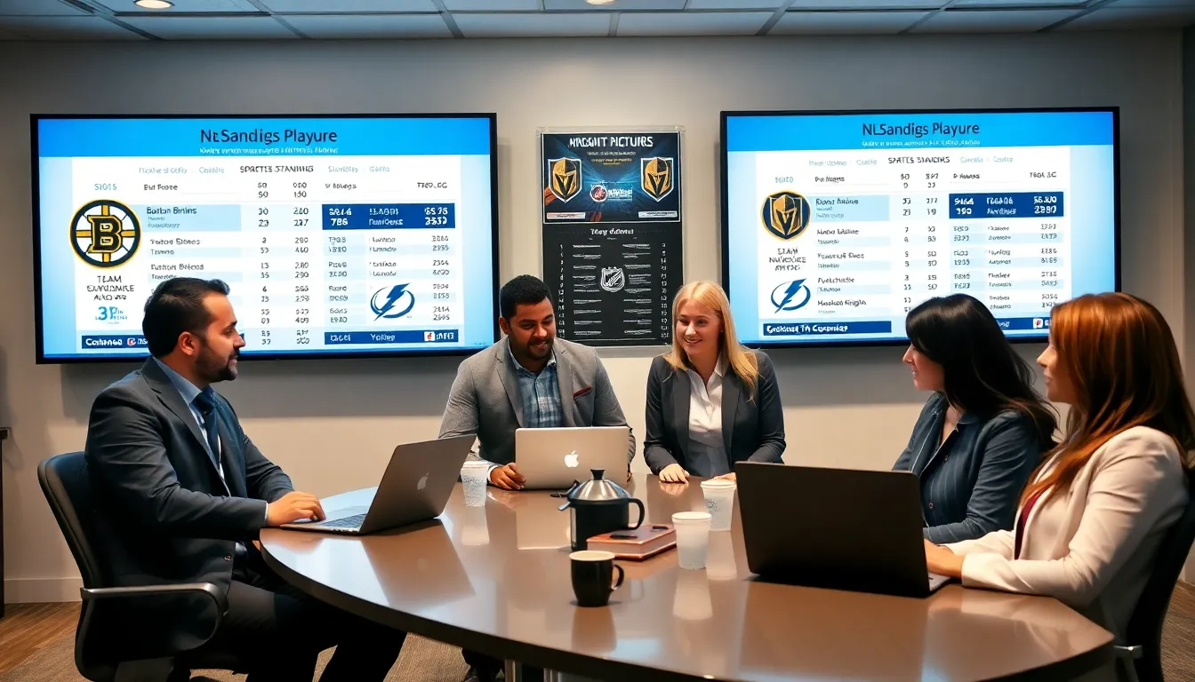 professionals analyzing NHL standings in a modern office.