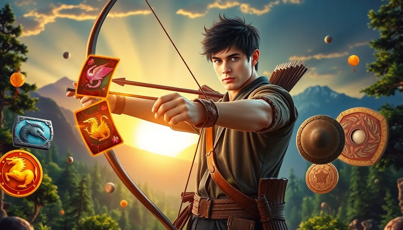 a young archer ready to shoot in a vibrant fantasy landscape.